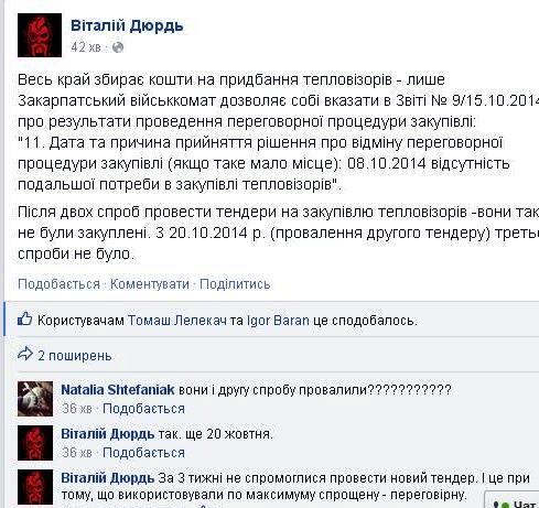 Поки закарпатці збирають кошти на тепловізор, облвійськкомат каже про "відсутність потреби в тепловізорах" і провалює тендери