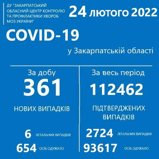 На Закарпатті за добу підтверджено 361 новий випадок COVID-19, 6 людей померло